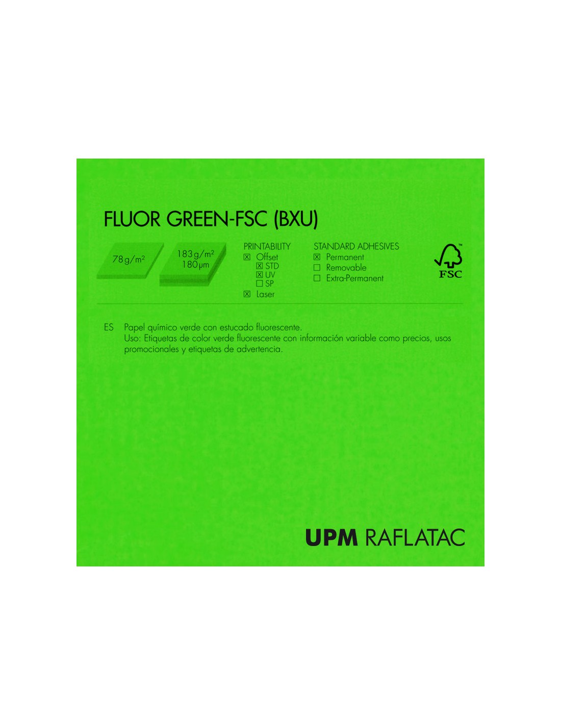 Adhesivo ·fluorescente verde ·mate ·FLUOR GREEN ·32x45 ·Upm Digital ·con corte ·80 gms · permanente