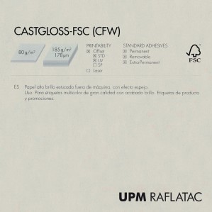 Adhesivo blanco alto brillo CASTGLOSS 50x70 UPM Raflatac RAFNXT+ con corte 80 gms  permanente