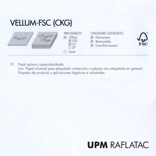 Adhesivo blanco mate VELLUM 50x70 UPM Raflatac RAFNXT+ sin corte 70 gms  permanente