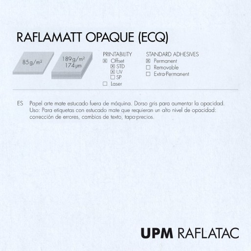 Adhesivo arte mate RAFLAMATT OPAQUE 50x70 UPM Raflatac RAFNXT+ opaco con corte 85 gms  permanente