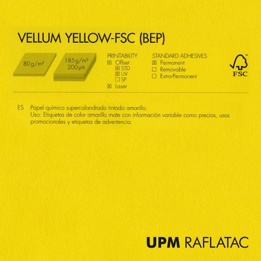 Adhesivo amarillo mate VELLUM YELLOW 32x45 Upm Raflatac Digital con corte 80 gms  permanente