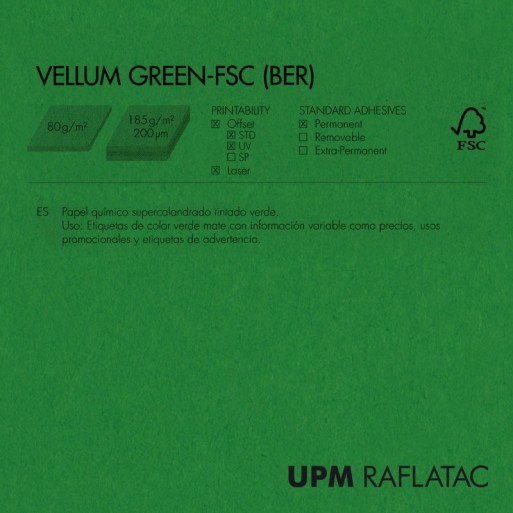 Adhesivo verde mate VELUM GREEN 50x70 Upm Raflatac con corte 80 gms  permanente