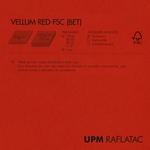Adhesivo rojo mate VELLUM RED 32x45 Upm Raflatac Digital con corte 80 gms  permanente