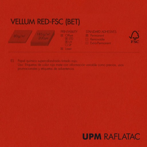 Adhesivo rojo mate VELLUM RED 32x45 Upm Raflatac Digital con corte 80 gms  permanente