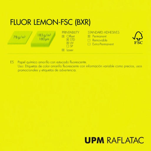 Adhesivo fluorescente amarillo  mate FLUOR LEMON 32x45 Upm Raflatac Digital con corte 80 gms  permanente