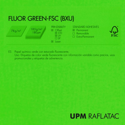 Adhesivo fluorescente verde mate FLUOR GREEN 32x45 Upm Raflatac Digital con corte 80 gms  permanente