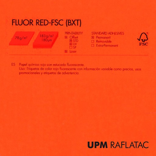 Adhesivo fluorescente rojo mate FLUOR RED 32x45 Upm Raflatac Digital con corte 80 gms  permanente