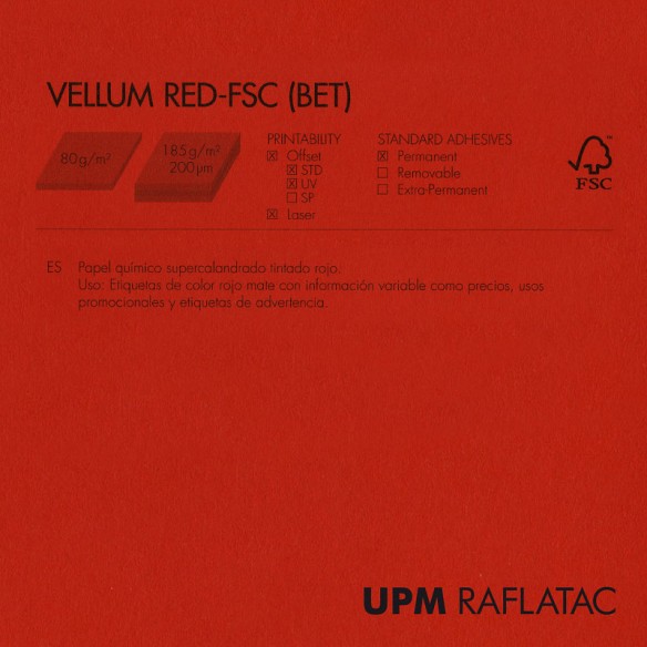 Adhesivo rojo mate VELLUM RED 50x70 Upm Raflatac con corte 80 gms  permanente