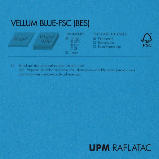 Adhesivo azul mate VELLUM BLUE 32x45 Upm Raflatac Digital con corte 80 gms  permanente