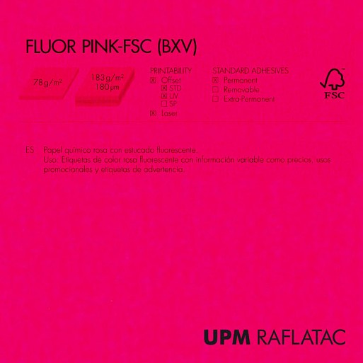 Adhesivo fluorescente rosa mate FLUOR PINK 32x45 Upm Raflatac Digital con corte 80 gms  permanente