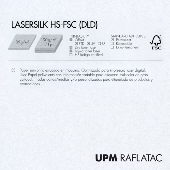 Adhesivo blanco brillo LASERSILK HS 32x45 Upm Raflatac Digital con corte 189 gms  permanente