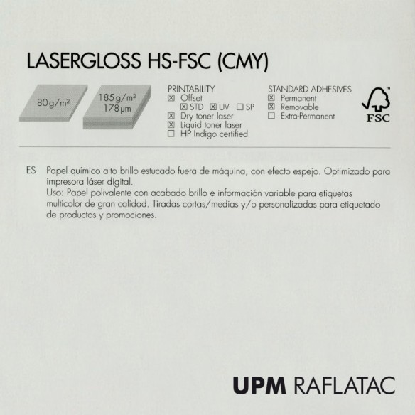 Adhesivo blanco alto brillo LASERGLOSS HS 32x45 Upm Raflatac Digital con corte 80 gms  permanente Adhesivo blanco alto brillo LASERGLOSS HS 32x45 Upm Raflatac Digital con corte 80 gms  permanente