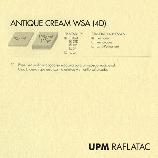 Adhesivo crema verjurado ANTIQUE CREAM 50x70 Upm Raflatac con corte  permanente