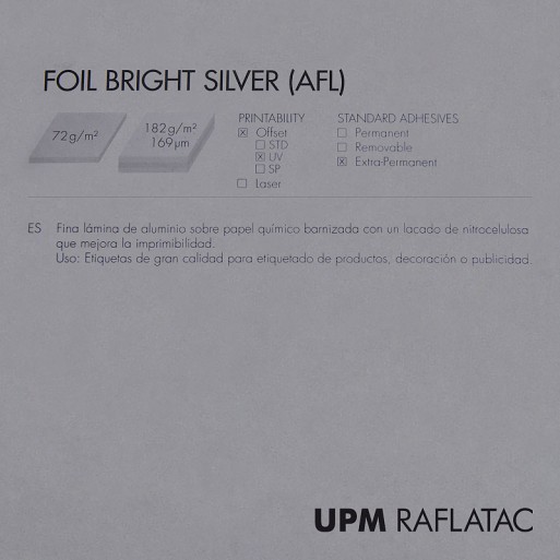 Adhesivo plata metalizado brillo FOIL BRIGHT SILVER 50x70 Upm Raflatac sin corte  extrapermanente