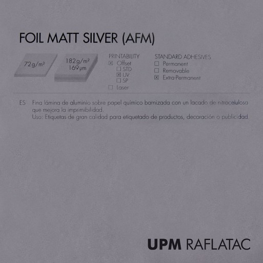 Adhesivo plata metalizado mate FOIL MATT SILVER 50x70 Upm Raflatac sin corte 72 gms  extrapermanente