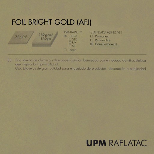 Adhesivo oro metalizado brillo FOIL BRIGHT GOLD 50x70 Upm Raflatac sin corte 72 gms  extrapermanente