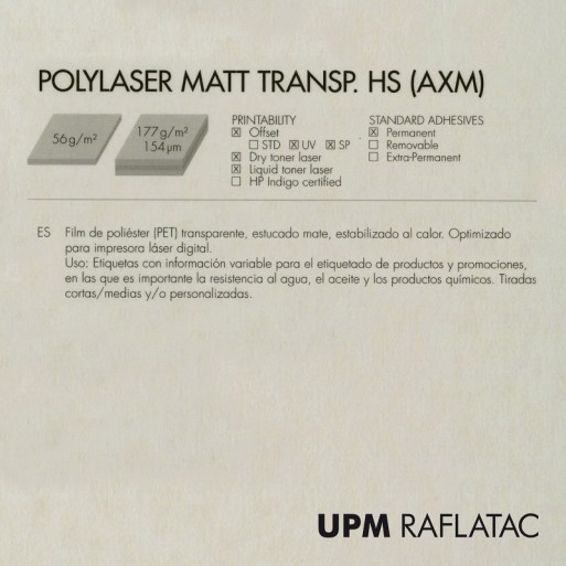 Adhesivo transparente mate fílmico (poliéster) POLYLASER MATT TRANSPARENT HS 32x45 Upm Raflatac Digital sin corte 56 gms  perman