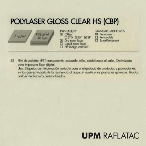 Adhesivo transparente brillo fílmico (poliéster) POLYLASER GLOSS CLEAR HS 32x45 Upm Raflatac Digital StaticOUT sin corte 71 gms 