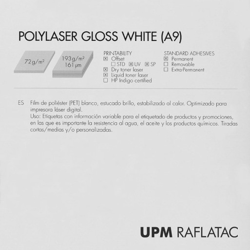 Adhesivo blanco brillo fílmico (poliéster) POLYLASER GLOSS WHITE HS 32x45 Upm Raflatac Digital con corte 58 µm 78 gms  permanent