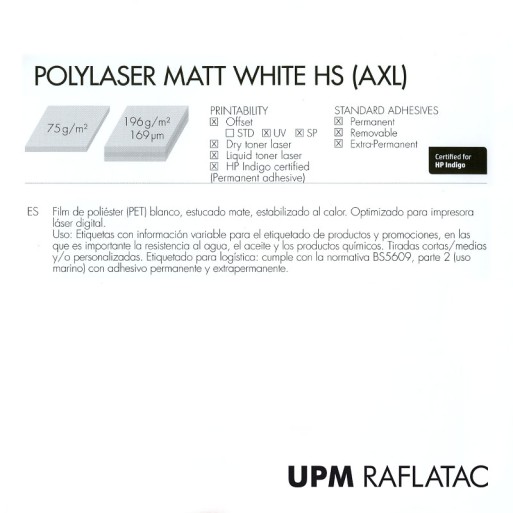 Adhesivo blanco mate fílmico (poliéster) POLYLASER MATT WHITE HS 32x45 Upm Raflatac Digital con corte 58 µm 78 gms  permanente