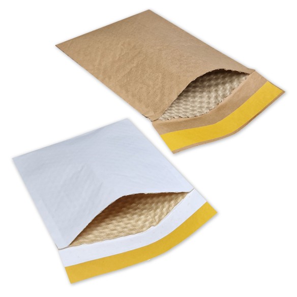 Bolsa 270x360 100 % Papel tira silicona acolchado blanco bicapa: kraft blanco 100gms-interior acolchado burbuja 100 gms 100 gms