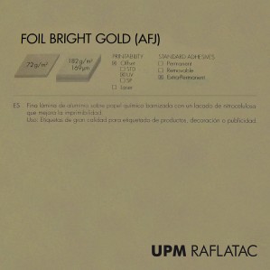 Adhesivo oro metalizado brillo FOIL BRIGHT GOLD 50x70 Upm Raflatac sin corte 72 gms  extrapermanente