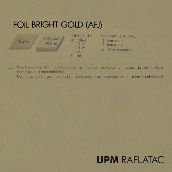 Adhesivo oro metalizado brillo FOIL BRIGHT GOLD 50x70 Upm Raflatac sin corte 72 gms  extrapermanente