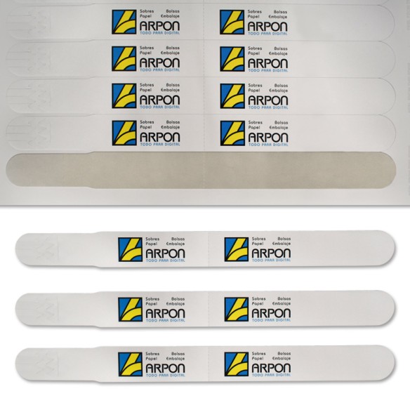 Pliego A4 pulseras pretroqueladas poliester blanco mate 10 puls-hoja. 19 mm. inviolables 21x29.7 120 µm 160 gms