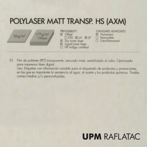 Adhesivo transparente mate fílmico (poliéster) POLYLASER MATT TRANSPARENT HS 32x45 Upm Raflatac Digital sin corte 56 gms  perman