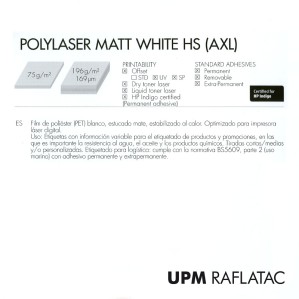 Adhesivo blanco mate fílmico (poliéster) POLYLASER MATT WHITE HS 32x45 Upm Raflatac Digital sin corte 72 gms  extrapermanente